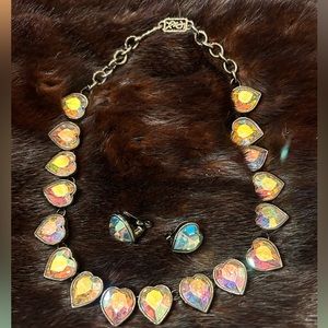 YSL Vintage ‘90s Iridescent Crystal Heart Earrings and Necklace